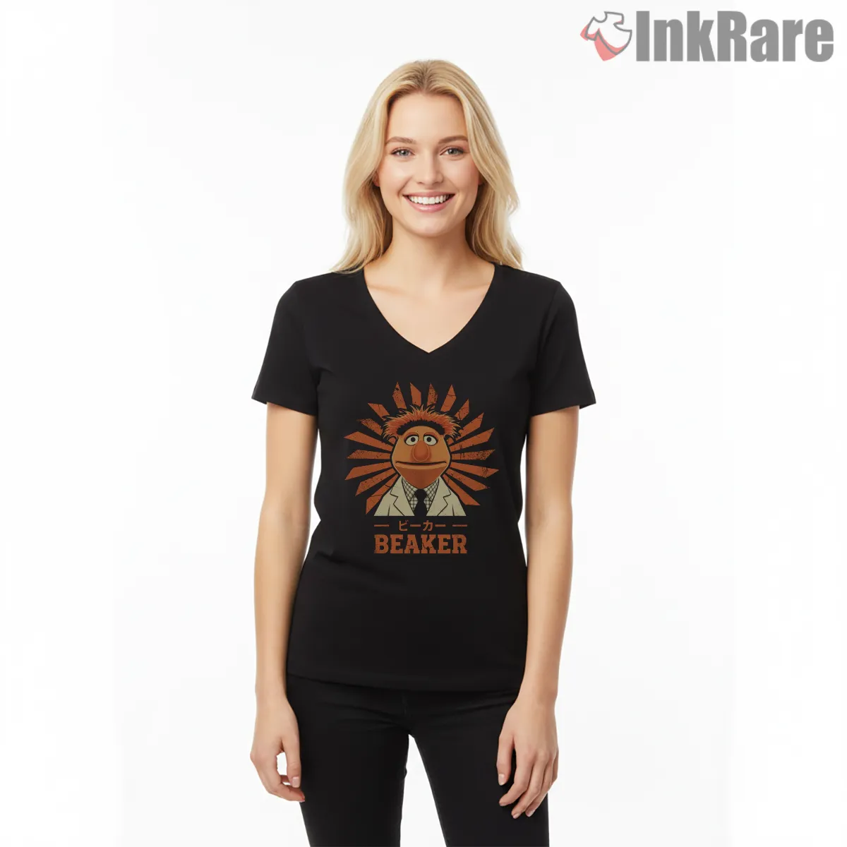 Beaker Retro Japanese Style Sunburst Poster V Neck Black Beaker Retro Japanese Style Sunburst Poster Shirt on black v-neck shirt for women graphic tee