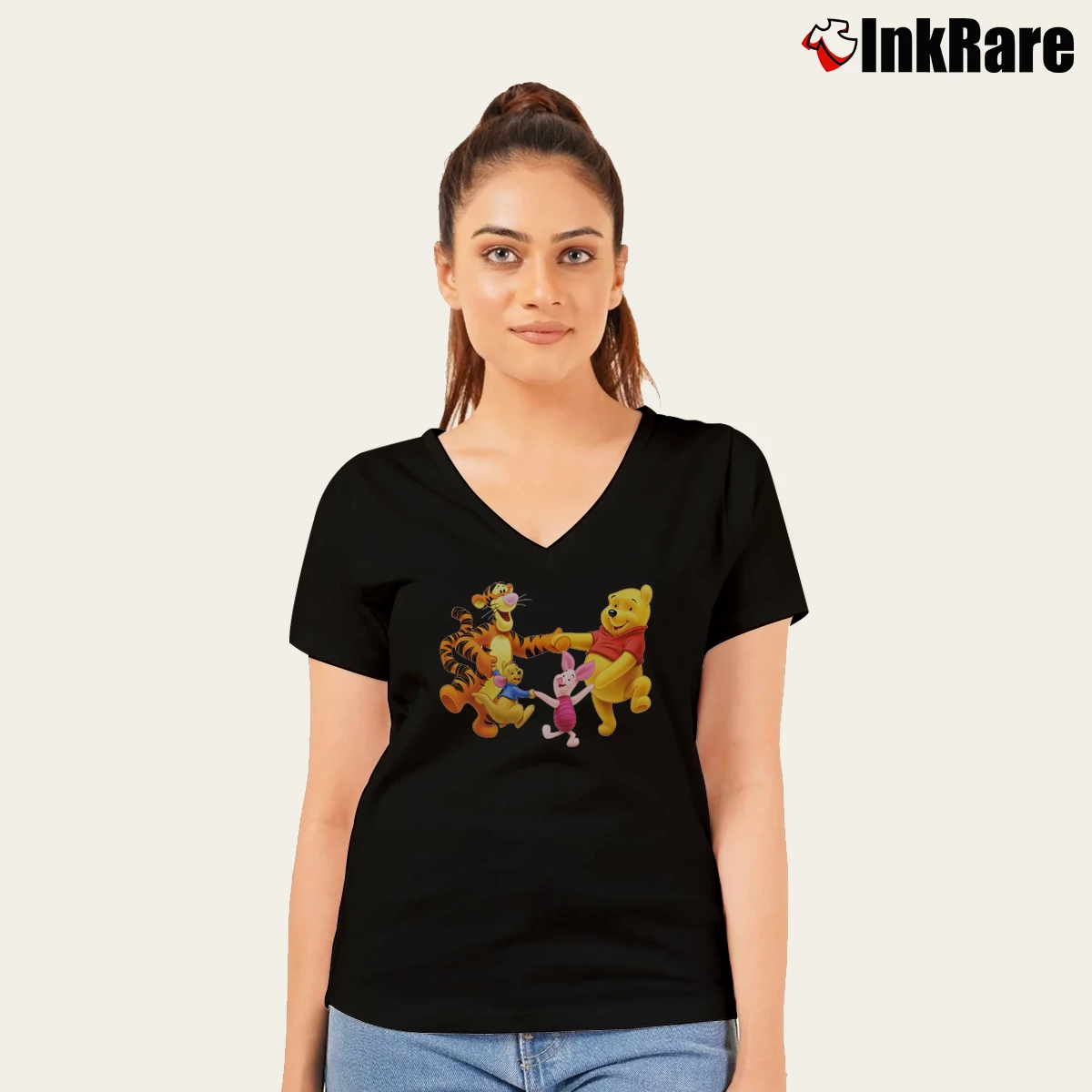 Women’s Bear And Friend Graphic V-Neck Tee in black | Chic Neckline, Soft Texture