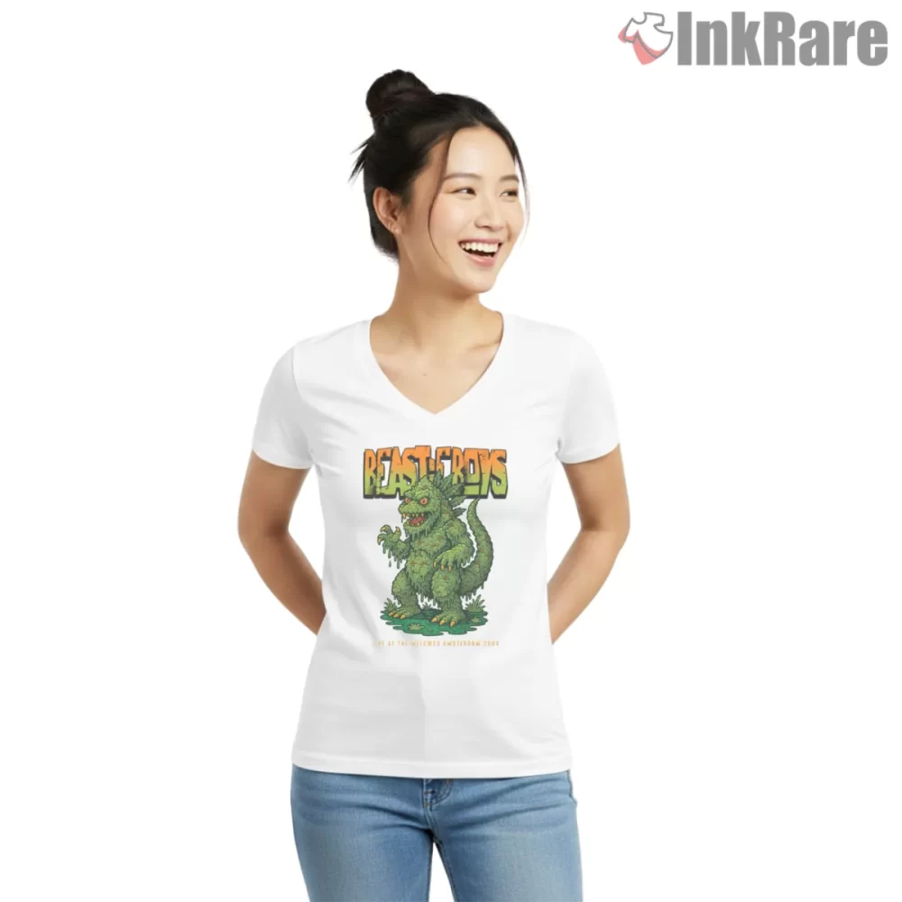 Beastie Boys Amsterdam 2004 Monster Gig Shirt on white v-neck shirt for women graphic tee