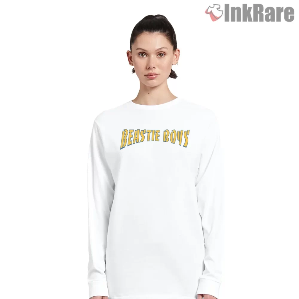 Beastie Boys Arched Stadium Logo Shirt on white long sleeve shirt for women graphic tee