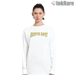 Beastie Boys Arched Stadium Logo Shirt on white long sleeve shirt for women graphic tee