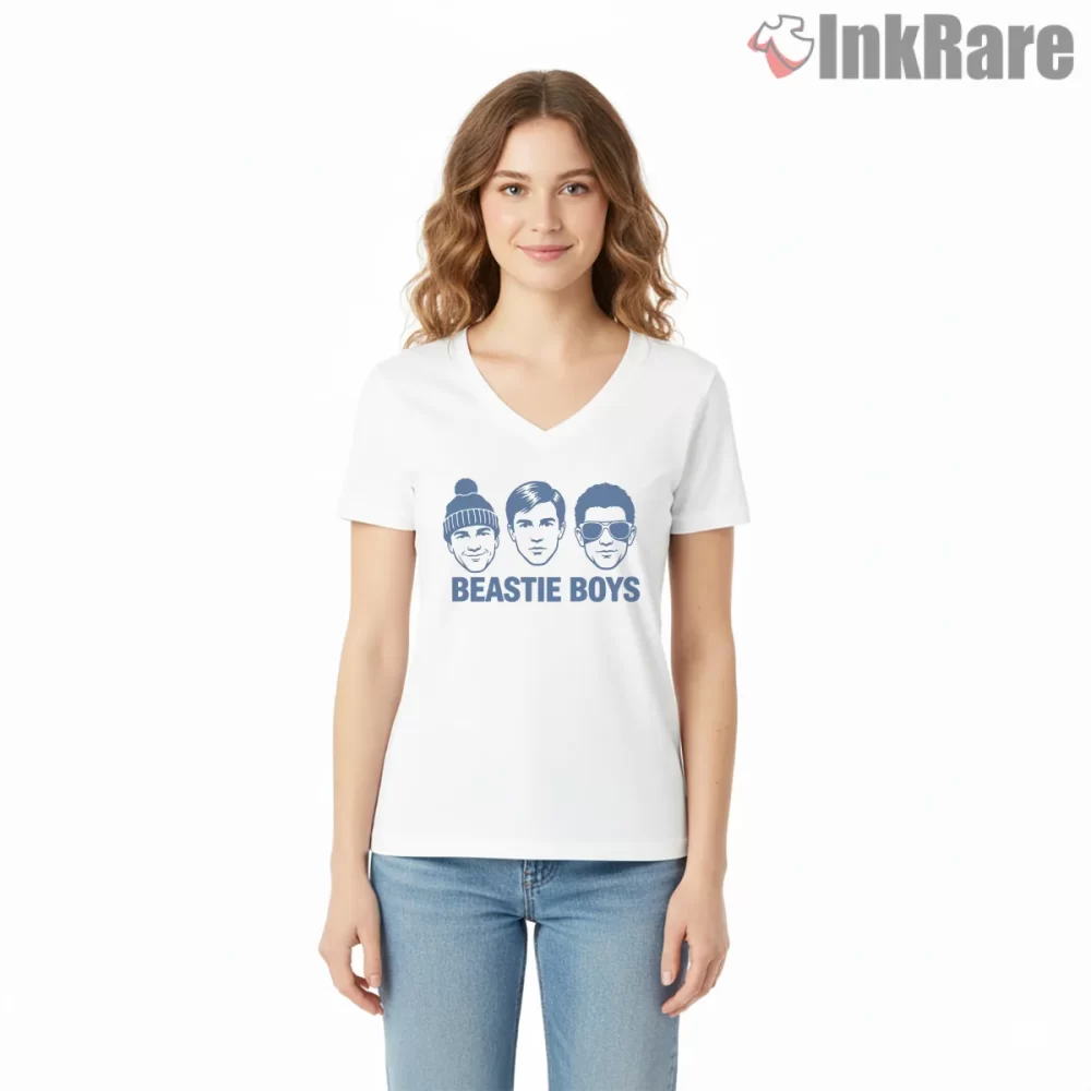 Beastie Boys Blue Portrait Trio Logo Shirt on white v-neck shirt for women graphic tee