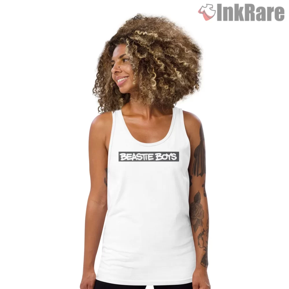 Beastie Boys Brush Logo Banner Shirt on white tank top for women graphic tee