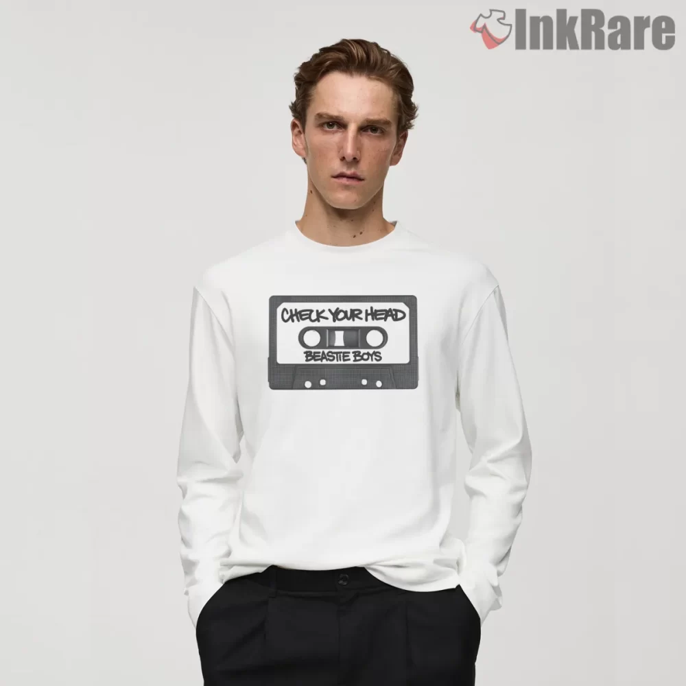 Beastie Boys Check Your Head Cassette Tape Shirt on white long sleeve shirt for men graphic tee