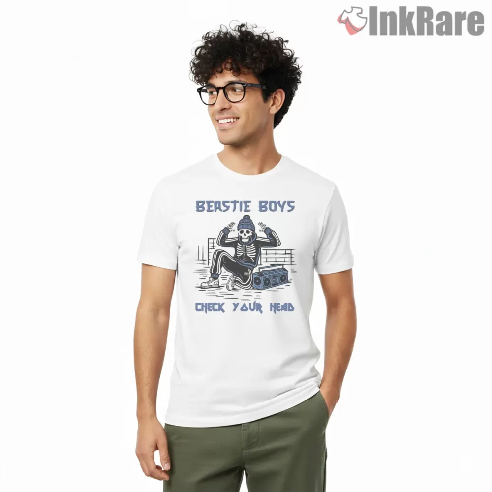 Beastie Boys Check Your Head Skeleton Boombox Shirt on white short sleeve shirt for men graphic tee