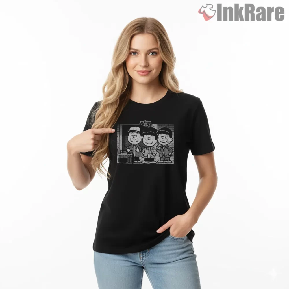 Beastie Boys Classic Cartoon Crew Shirt on black short sleeve shirt for women graphic tee
