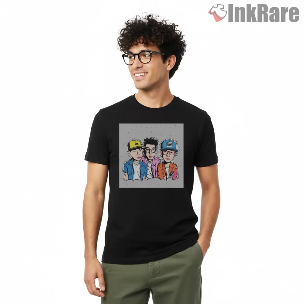 Beastie Boys Colorful Cartoon Trio Portrait Shirt on black short sleeve shirt for men graphic tee