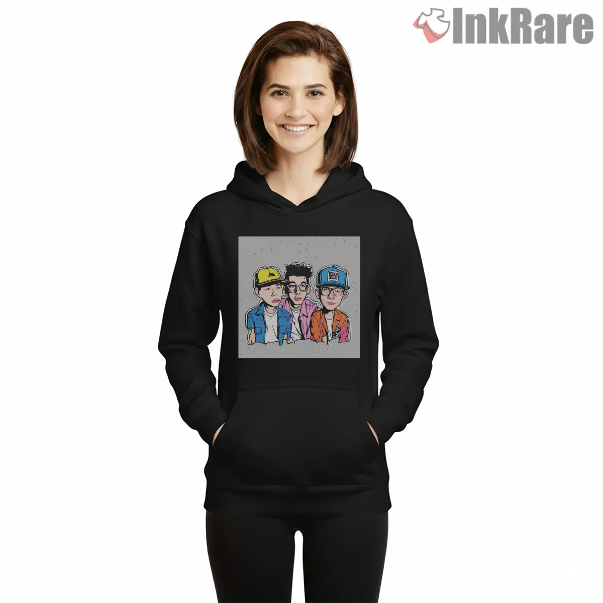 Beastie Boys Colorful Cartoon Trio Portrait Shirt on black hoodie for women graphic tee