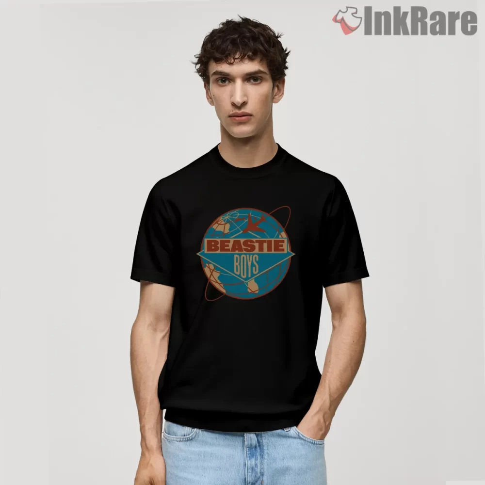 Beastie Boys Global Globe Logo Shirt on black short sleeve shirt for men graphic tee