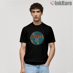 Beastie Boys Global Globe Logo Shirt on black short sleeve shirt for men graphic tee