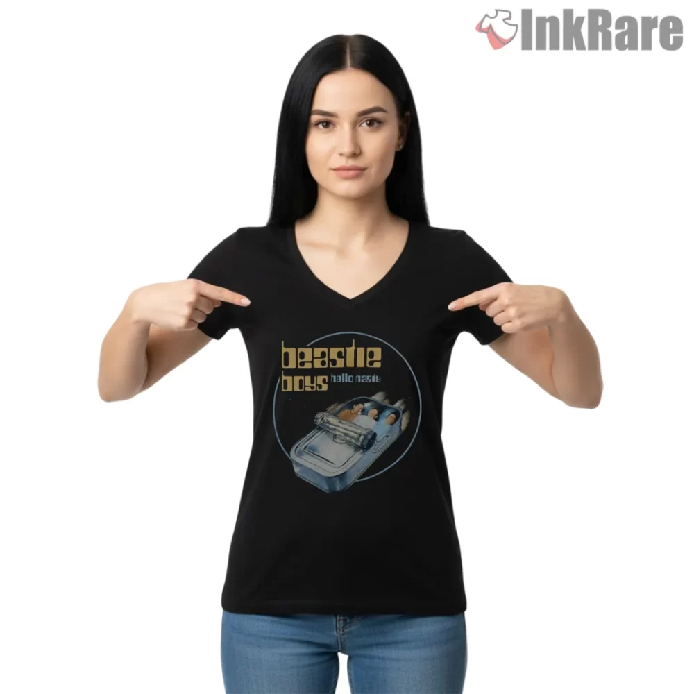 Beastie Boys Hello Nasty Space Tin Capsule Shirt on black v-neck shirt for women graphic tee