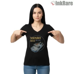 Beastie Boys Hello Nasty Space Tin Capsule Shirt on black v-neck shirt for women graphic tee