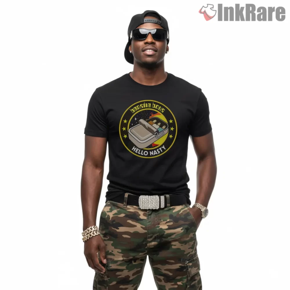 Beastie Boys Hello Nasty Space Tin Retro Shirt on black short sleeve shirt for men graphic tee