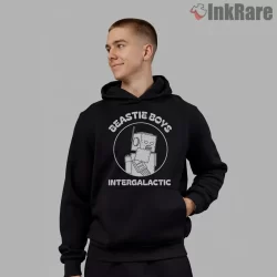 Beastie Boys Intergalactic Turntable Emblem Shirt on black hoodie for men graphic tee