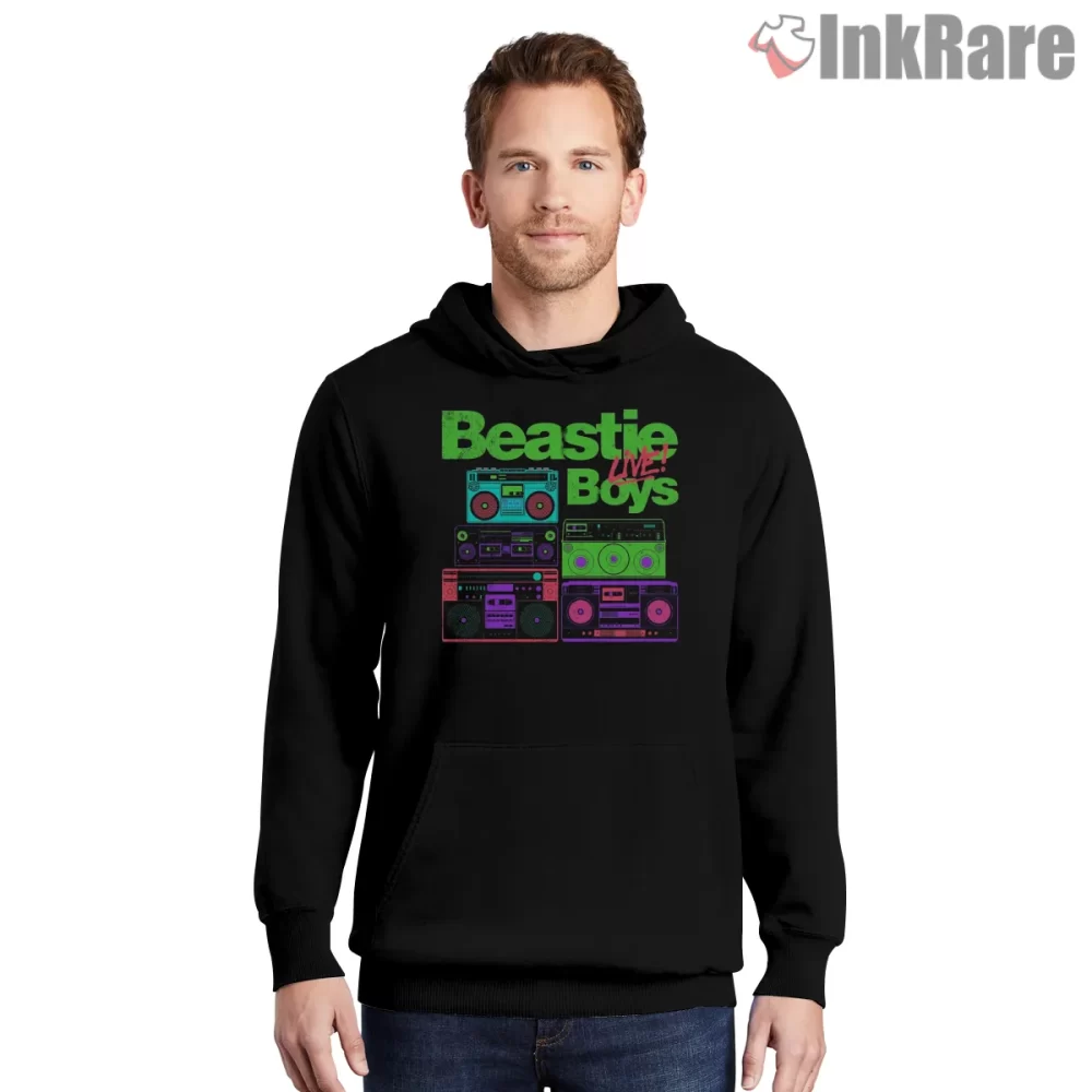 Beastie Boys Live Hip Hop Radio Neon Boombox Shirt on black hoodie for men graphic tee