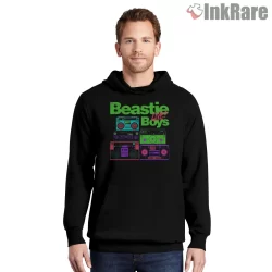 Beastie Boys Live Hip Hop Radio Neon Boombox Shirt on black hoodie for men graphic tee