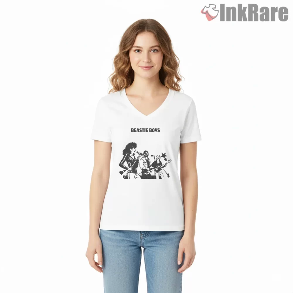 Beastie Boys Live Stage Heart And Stars Shirt on white v-neck shirt for women graphic tee