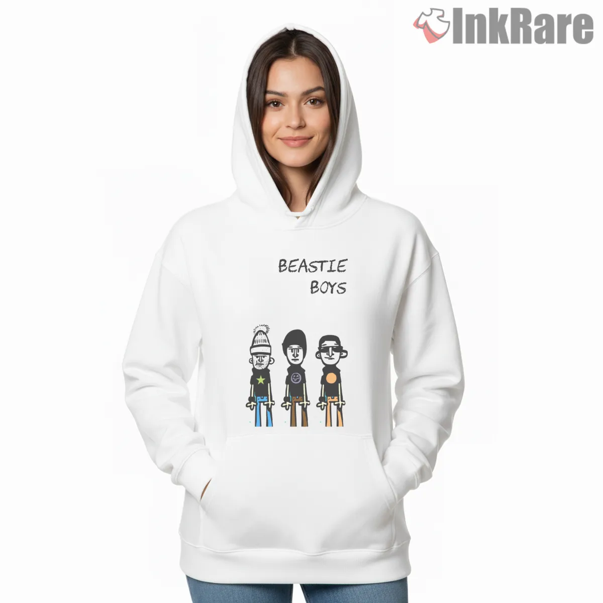 Beastie Boys Minimal Lineup Illustration Shirt on white hoodie for women graphic tee