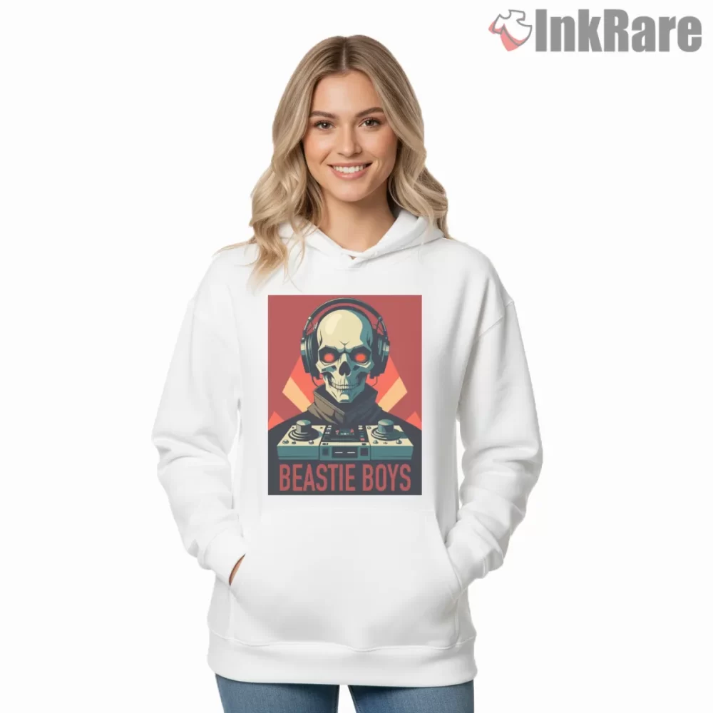 Beastie Boys Neon Skull Dj Retro Shirt on white hoodie for women graphic tee