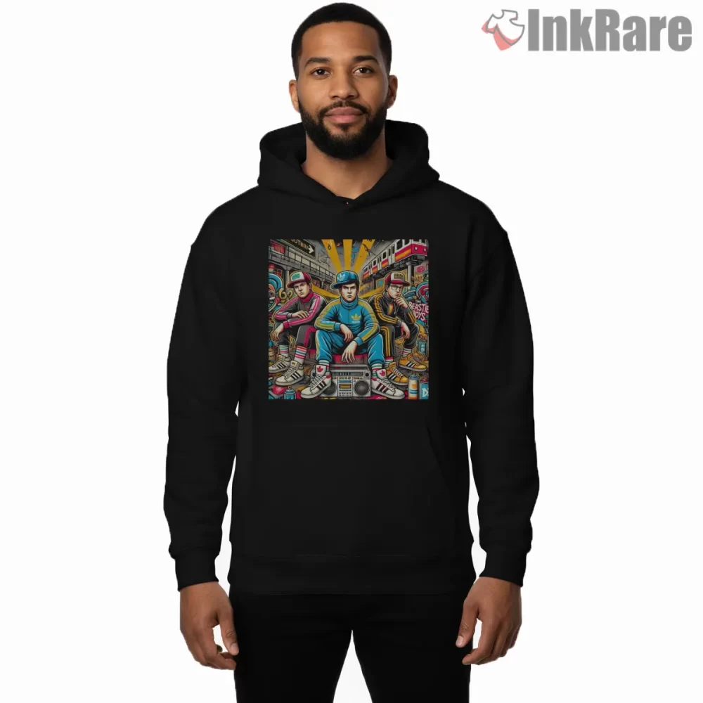 Beastie Boys Neon Subway Street Art Trio Shirt on black hoodie for men graphic tee