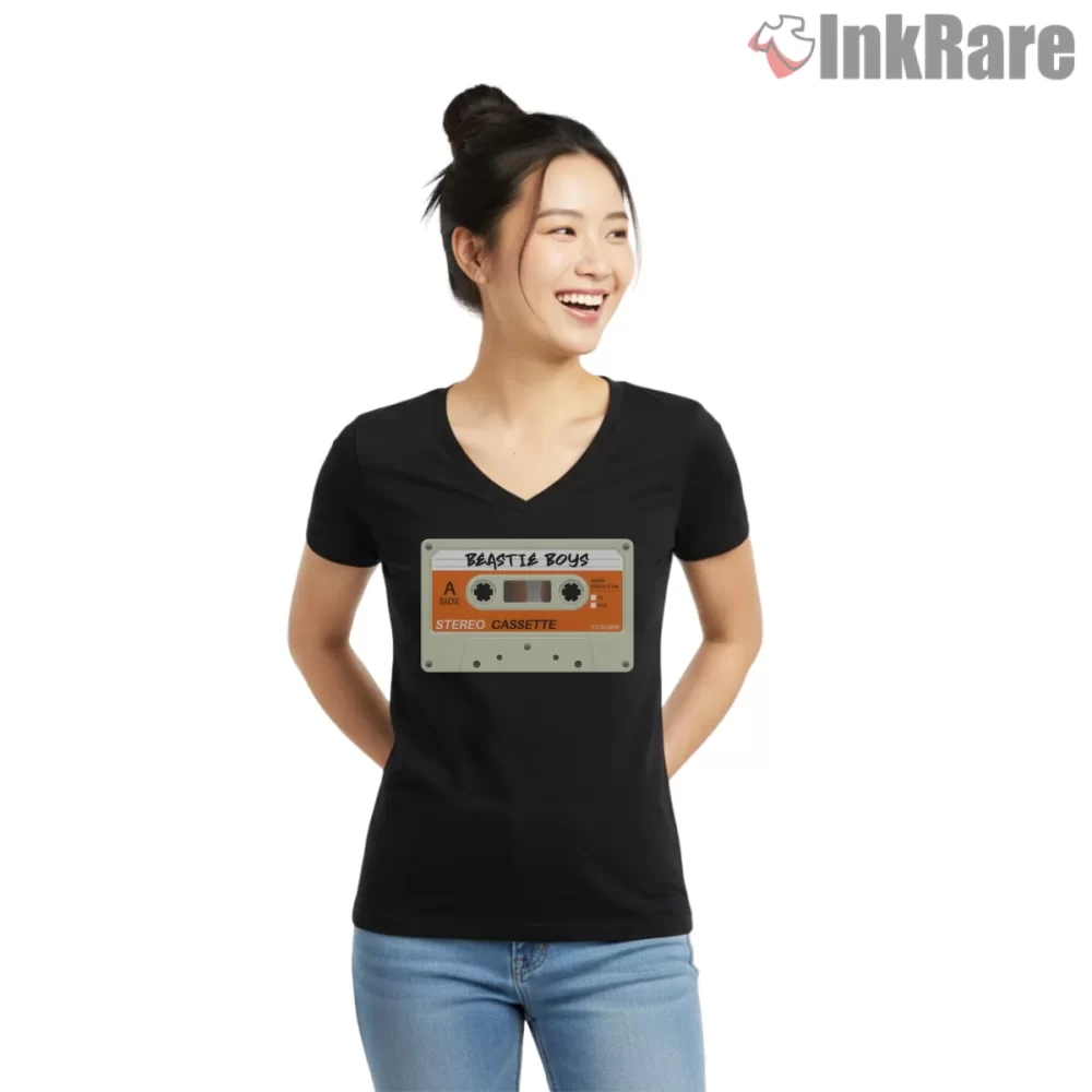 Beastie Boys Orange Stereo Cassette Shirt on black v-neck shirt for women graphic tee