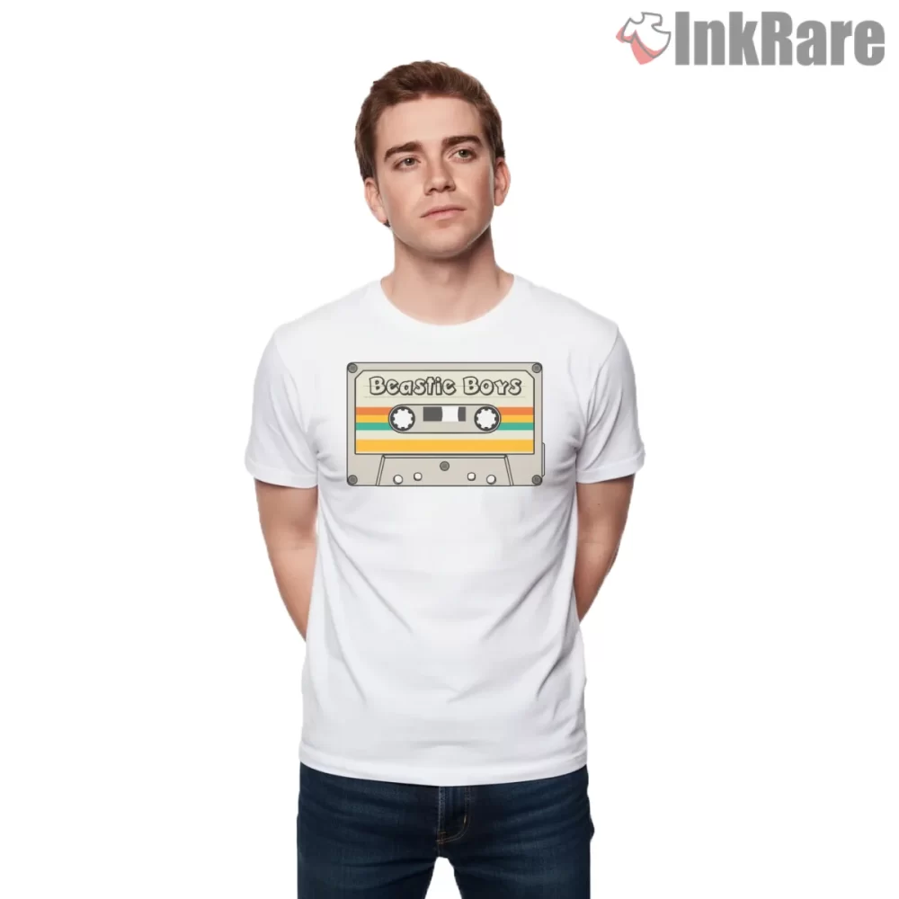 Beastie Boys Rainbow Stripe Cassette Shirt on white short sleeve shirt for men graphic tee