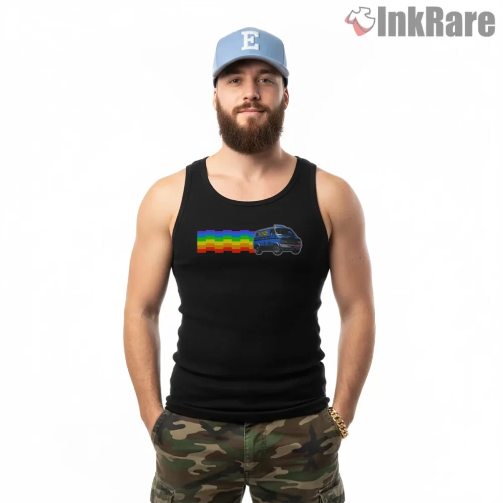 Beastie Boys Rainbow Tour Van Shirt on black tank top for men graphic tee