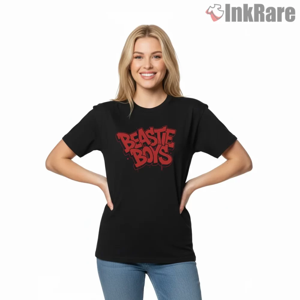 Beastie Boys Red Gravity Tag Shirt on black short sleeve shirt for women graphic tee