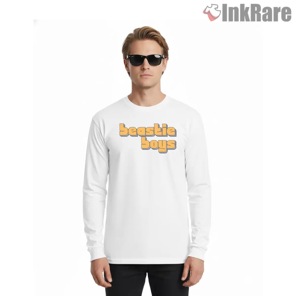 Beastie Boys Retro Bubble Letter Logo Shirt on white long sleeve shirt for men graphic tee