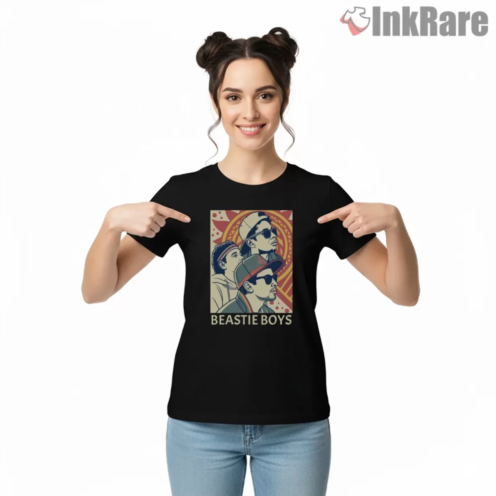Beastie Boys Retro Pop Portrait Shirt on black short sleeve shirt for women graphic tee