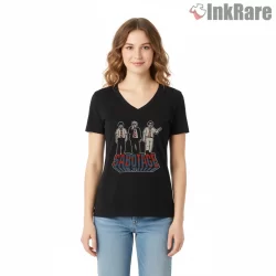 Beastie Boys Sabotage Cop Trio Cartoon Shirt on black v-neck shirt for women graphic tee