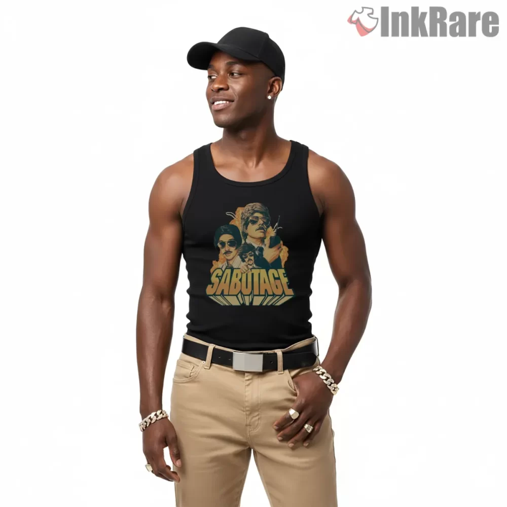 Beastie Boys Sabotage Explosive Portrait Shirt on black tank top for men graphic tee