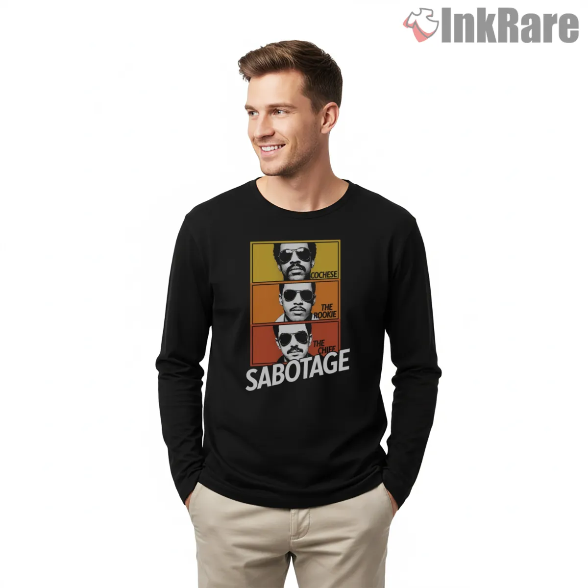 Beastie Boys Sabotage Triple Portrait Color Block Shirt on black long sleeve shirt for men graphic tee