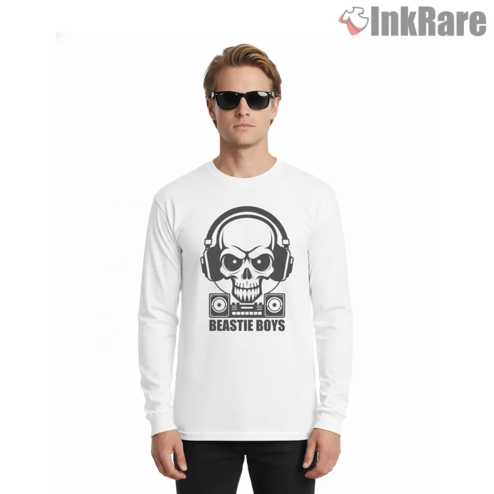 Beastie Boys Skull Dj Headphones Shirt on white long sleeve shirt for men graphic tee