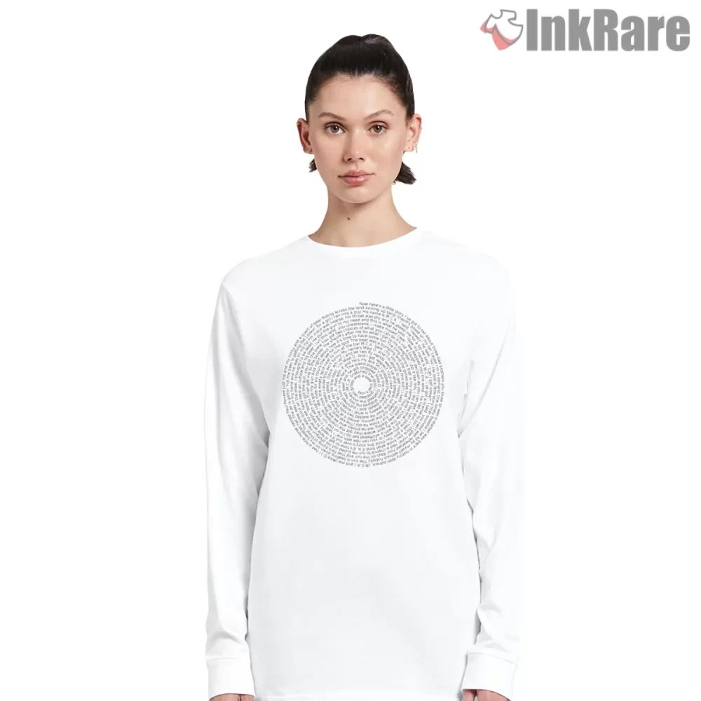 Beastie Boys Spiral Lyric Circle Shirt on white long sleeve shirt for women graphic tee