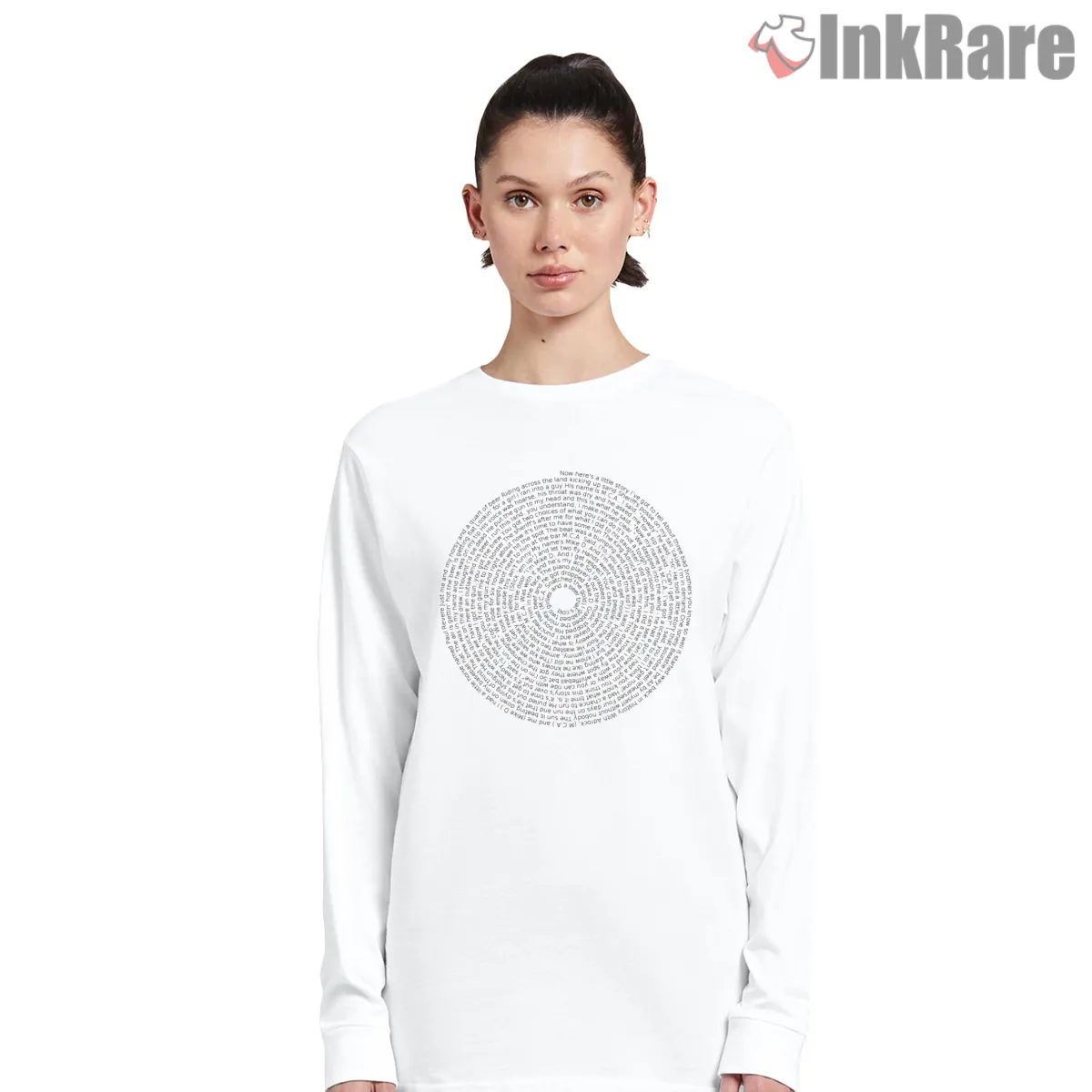 Beastie Boys Spiral Lyric Circle Long Sleeve White Beastie Boys Spiral Lyric Circle Shirt on white long sleeve shirt for women graphic tee