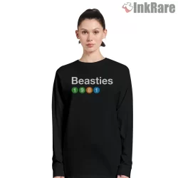 Beasties 1981 Arcade Token Logo Shirt on black long sleeve shirt for women graphic tee