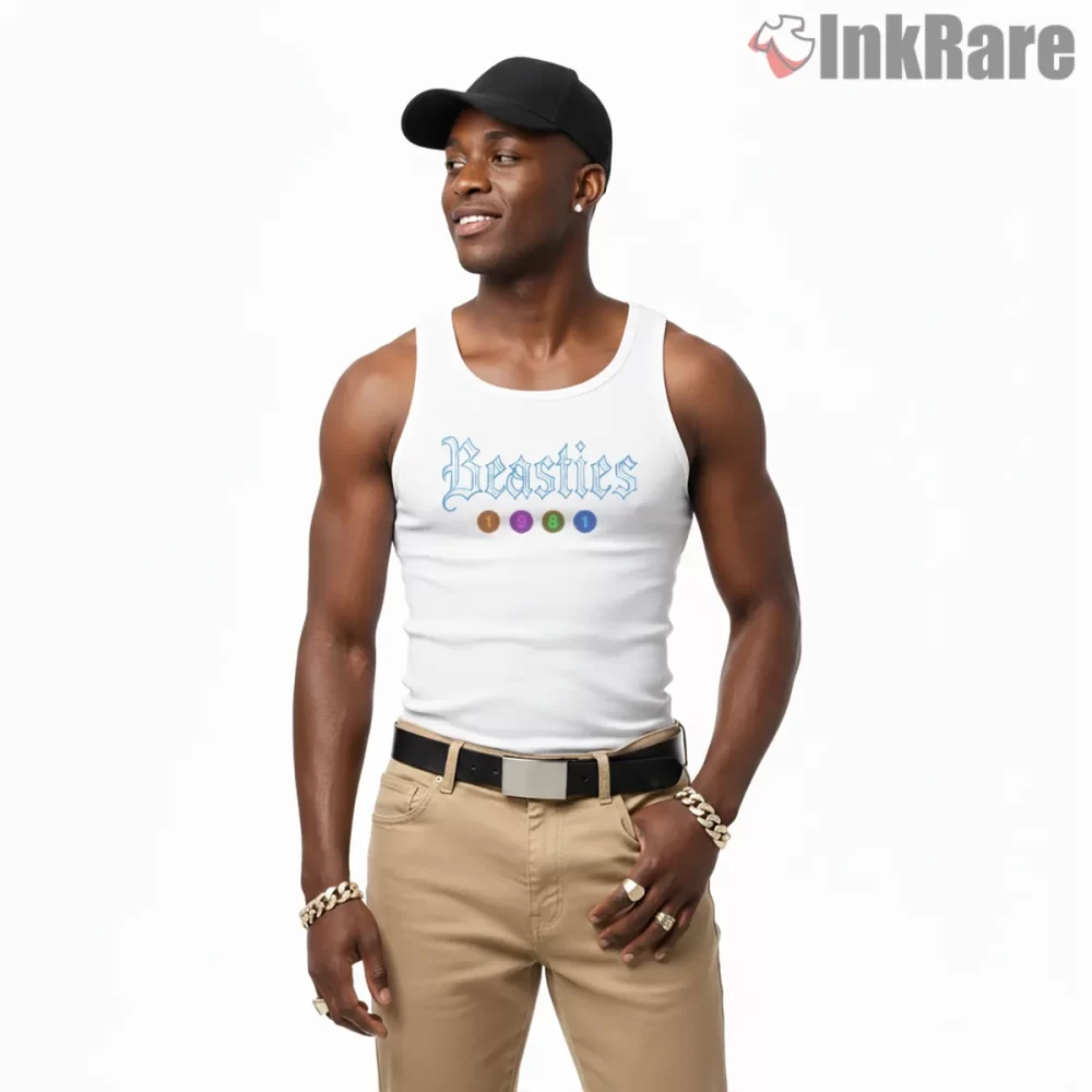 Beasties 1981 Gothic Letter Logo Shirt on white tank top for men graphic tee
