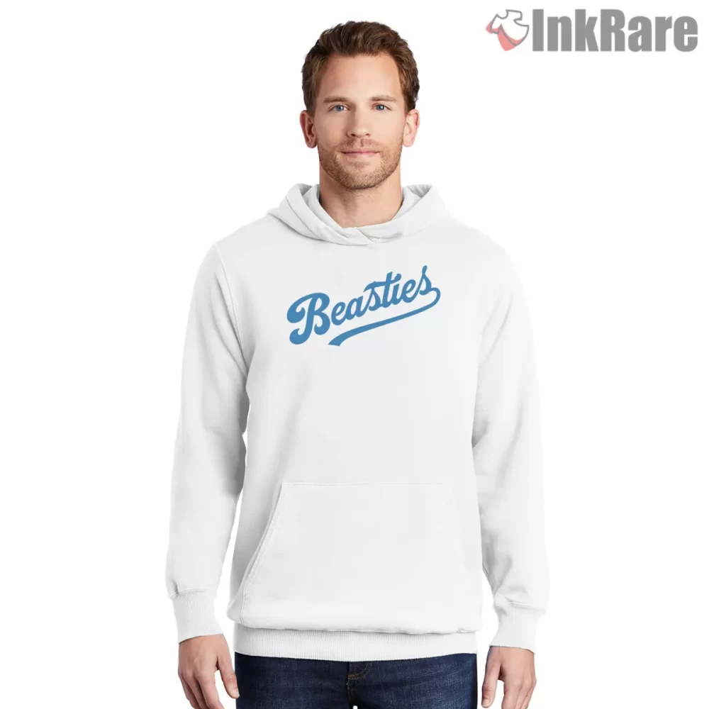 Beasties Brooklyn Script Logo Shirt on white hoodie for men graphic tee