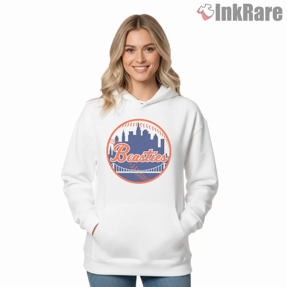 Beasties New York Mets Mashup Baseball Shirt on white hoodie for women graphic tee