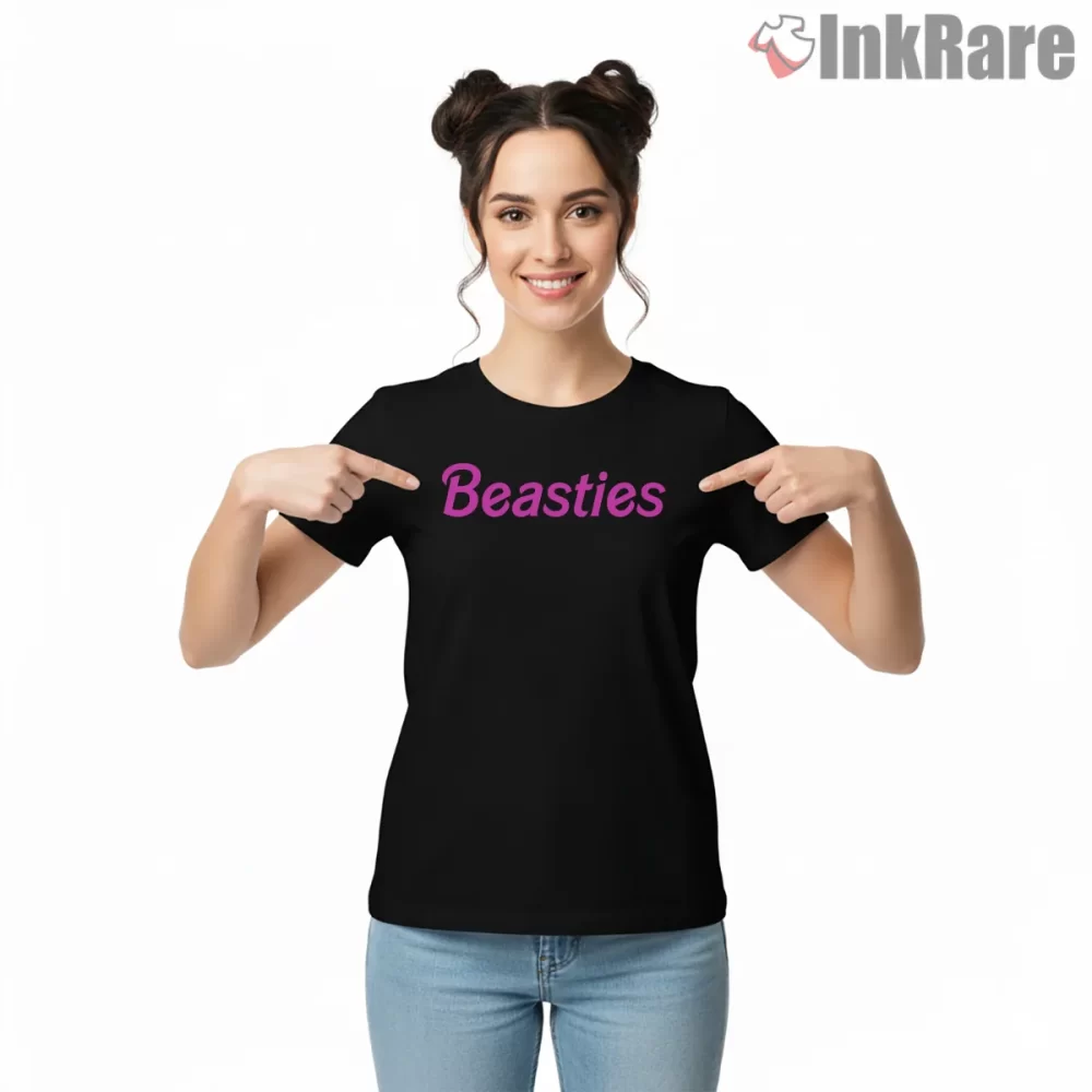 Beasties Pink Script Minimal Logo Shirt on black short sleeve shirt for women graphic tee