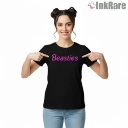 Beasties Pink Script Minimal Logo Shirt on black short sleeve shirt for women graphic tee