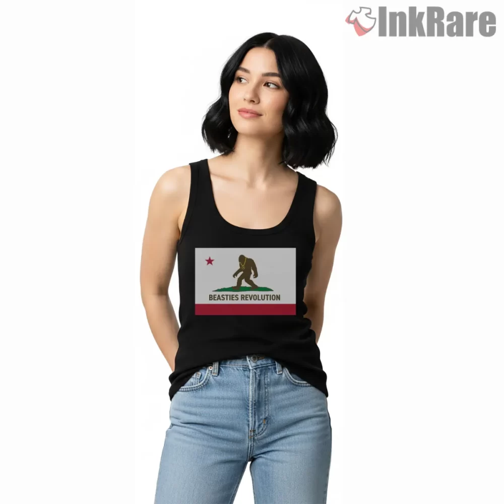 Beasties Revolution California Flag Remix Shirt on black tank top for women graphic tee