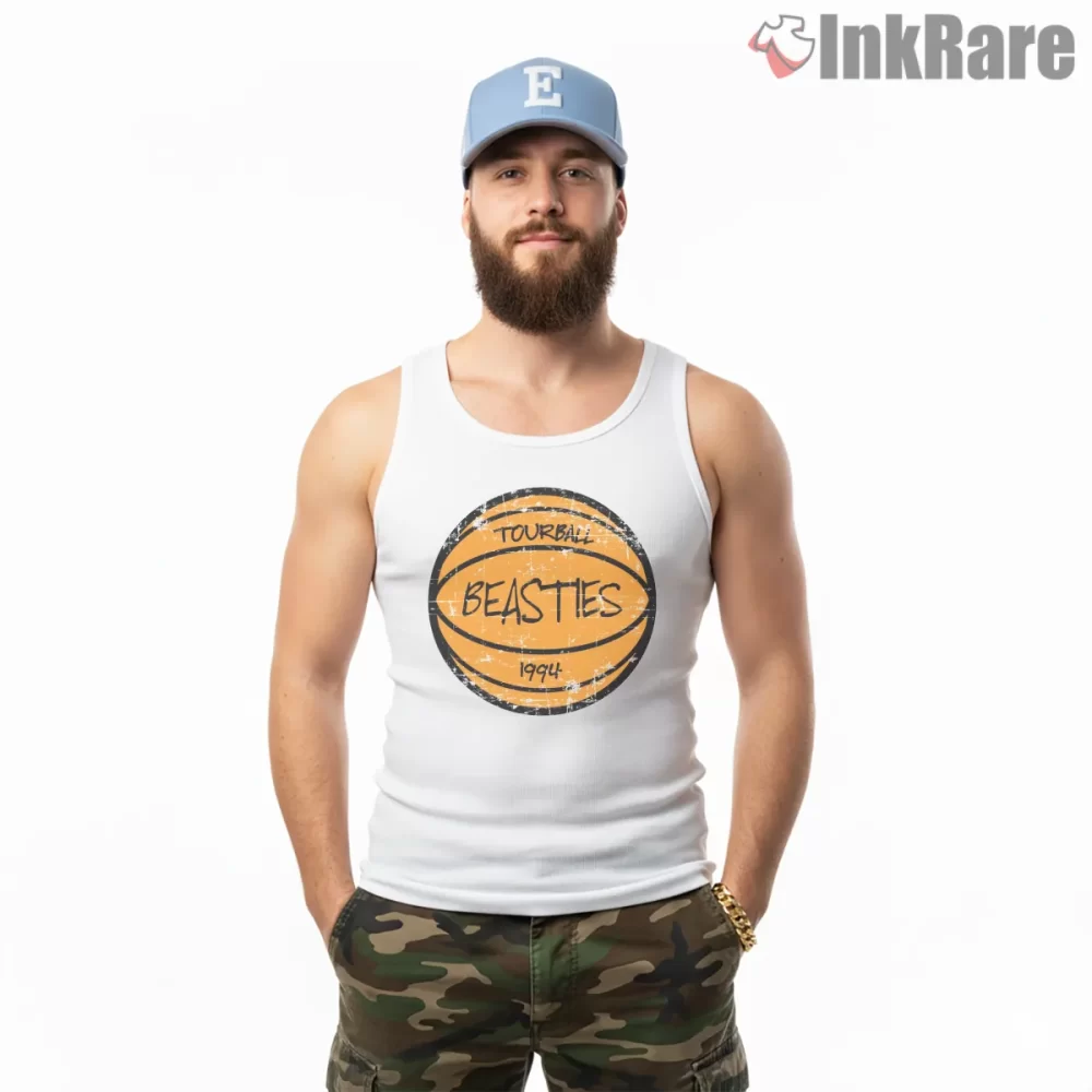 Beasties Tour Ball Nineties Basketball Shirt on white tank top for men graphic tee
