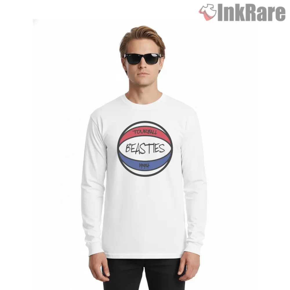 Beasties Tour Ball Red White Blue Logo Shirt on white long sleeve shirt for men graphic tee