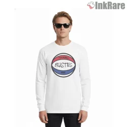 Beasties Tour Ball Red White Blue Logo Shirt on white long sleeve shirt for men graphic tee