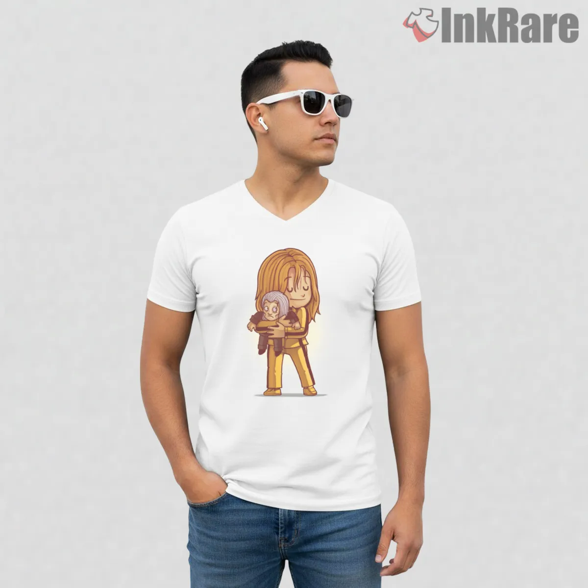 Beatrix And Bill Chibi Emotional Tribute Kill Bill V Neck White Beatrix And Bill Chibi Emotional Tribute Kill Bill Shirt on white v-neck shirt for men graphic tee