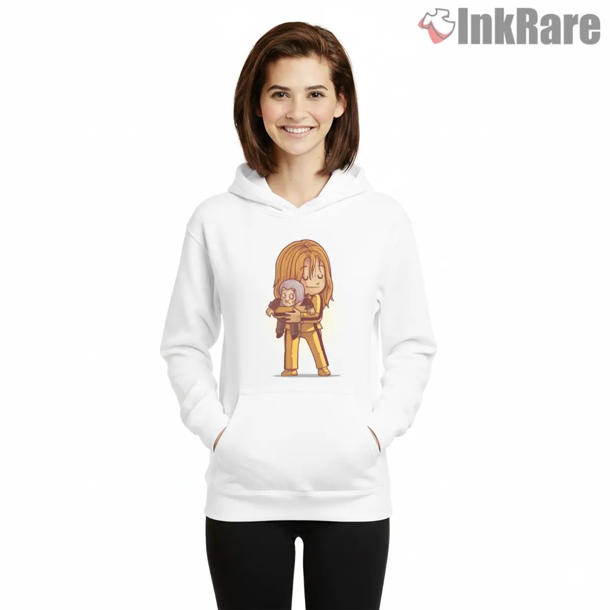 Beatrix And Bill Chibi Emotional Tribute Kill Bill Hoodie White Beatrix And Bill Chibi Emotional Tribute Kill Bill Shirt on white hoodie for women graphic tee