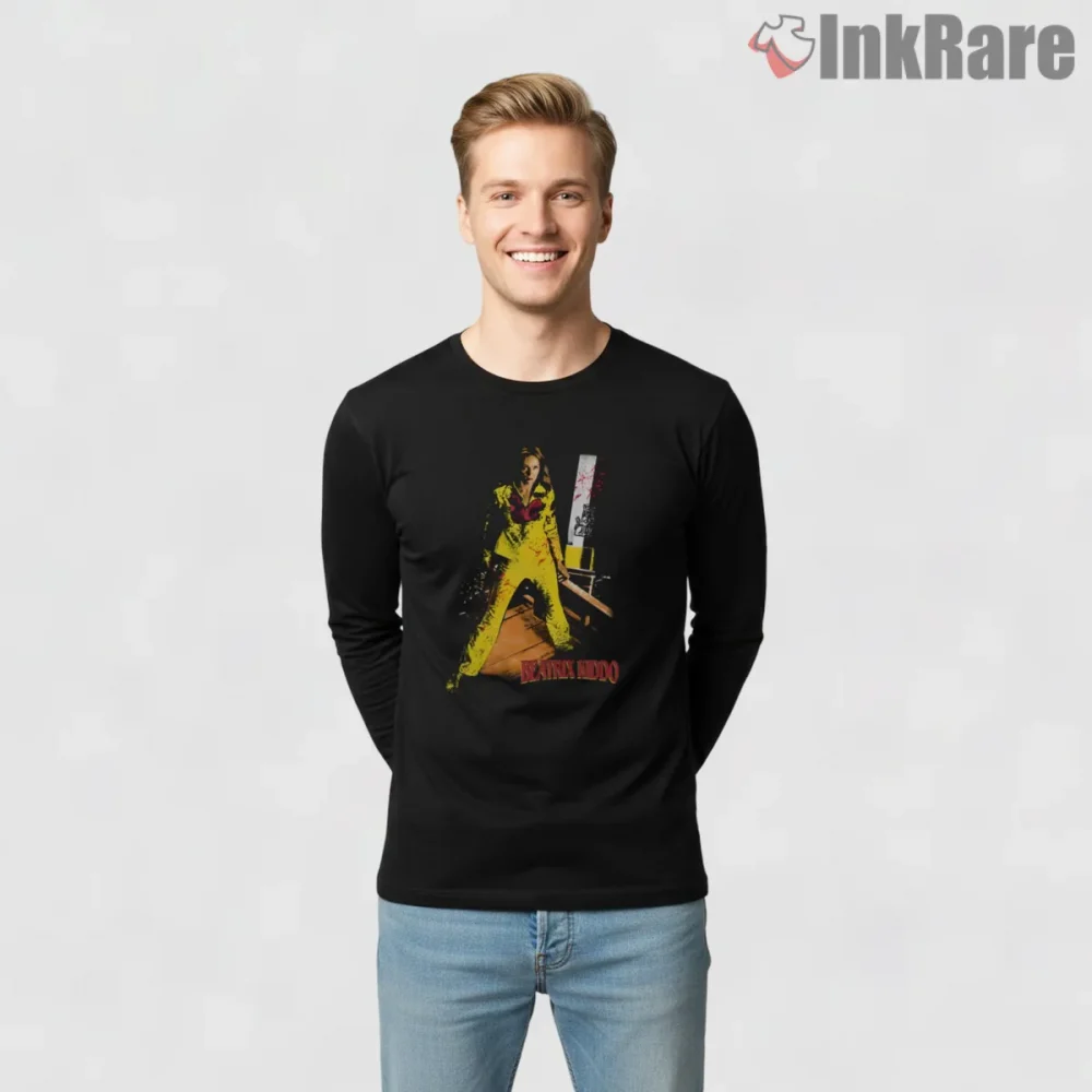 Beatrix Kiddo Blood Stained Yellow Suit Action Shirt on black long sleeve shirt for men graphic tee