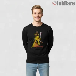 Beatrix Kiddo Blood Stained Yellow Suit Action Shirt on black long sleeve shirt for men graphic tee